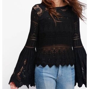 Free People Black Once Upon a Time Crochet Bell Sleeve Top Size Medium